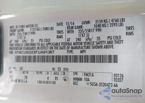 2015 Ford Escape Se из США, поврежденный, VIN 1FMCU9GX5FUA91367